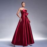 Bow Sweetheart A Line Burgundy Satin Prom Dress