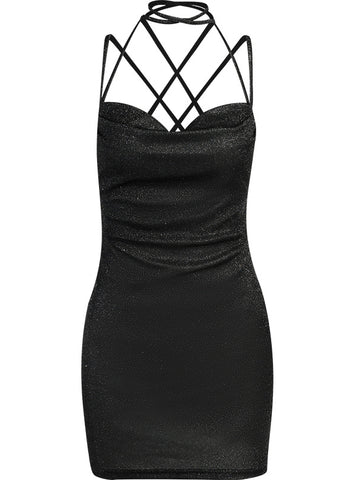 2023 Pink Spaghetti Strap Glitter Ruched Backless Mini Dress L / Purple 2023 Pink Spaghetti Strap Glitter Ruched Backless Mini Dress L / Purple
