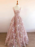 Pink Square Neck A Line Floral Prom Dress