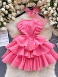 Vibrant Pink Tiered Ruffle Dress with Satin Neck Bow