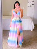 Summer Slit Sexy Button Waist Rainbow Maxi Dress