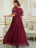 Burgundy  Puff Sleeve Chiffon Bridesmaid Dress