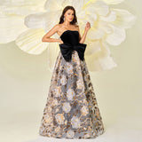 Gold Floral Embroidered Black Bow Prom Dress