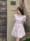 Puffed Sleeves Floral Print Knee-Length Dress