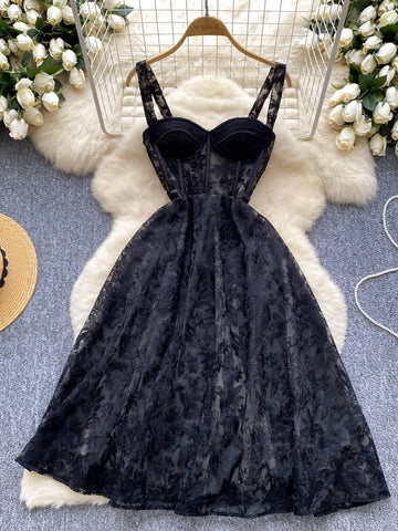 Corset-Inspired Bodice Flowing Skirt Black Lace Dress