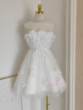 Short Mini Tulle A Line Pink Flowers Homecoming Dress