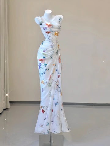 Floral Fantasy White Maxi Dress with Elegant Print