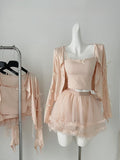 Ruffled Tulle Skirt Ribbon Sleeves Pink Three-Piece Set