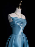 Blue Sheath Column Satin Ankle Length Prom Dress