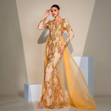 Long-Sleeve Gold Embroidery Mermaid Prom Dress With Slit