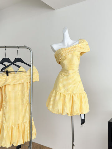 Puff Hem One Shoulder Yellow Checkered Dress
