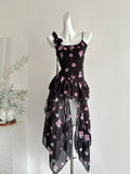 Pink Floral Pattern Layered Black Mini Dress