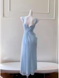 Ruched Tea Length Sheath Column Blue Chiffon Party Dress