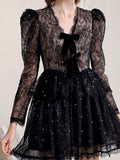 Black Lace Puffy V Neck Party Dress