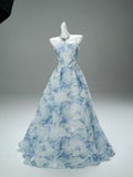 Print Flower A Line Sparkle Light Blue Prom Dress