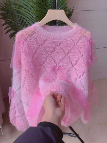 Organza Bows Pearls Stylish Pink Sweater