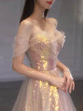Gold Sparkle A Line Tulle Sequin Long Prom Dress