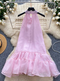 Bow Flared Skirt Pink Sleeveless Dress