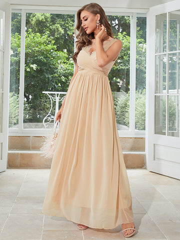 champagne chiffon dress Champagne Chiffon Slit Flutter Sleeves V-neck Floor Length Bridesmaid Dress