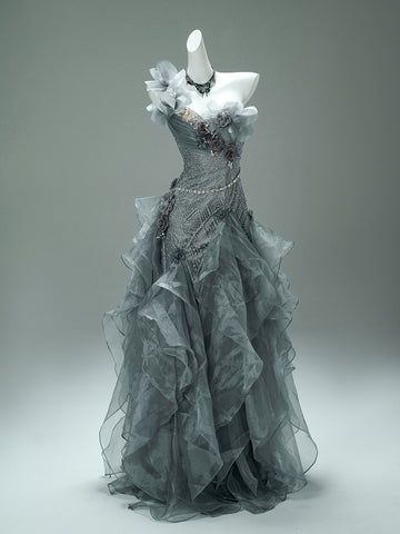 grey flower prom dress Sparkly Silver Floral Sequin Gray Open Back Mermaid Prom Dress