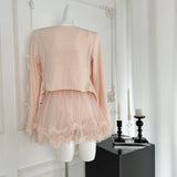 Ruffled Tulle Skirt Ribbon Sleeves Pink Three-Piece Set