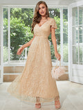 Champagne Long Lace Wedding Guest Dress