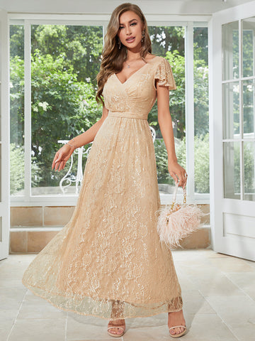 2023 Champagne Long Lace Wedding Guest Dress – Sassymyprom