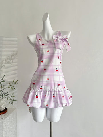 Ruffled Hem Pink Gingham One Shoulder Dress