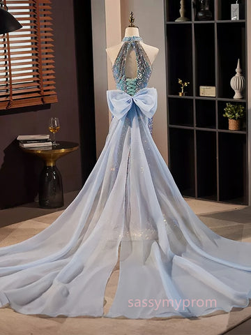 Sparkly Sequin Mermaid Prom Dresses Organza Bow Train Halter Neck 90018 Blue / US10 Sparkly Sequin Mermaid Prom Dresses Organza Bow Train Halter Neck 90018 Blue / US10