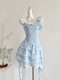 Butterfly Print Ruffled Lace Layers Light Blue Mini Dress