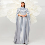 Long Sleeve Satin Cape Silver Chain Gray Prom Dress