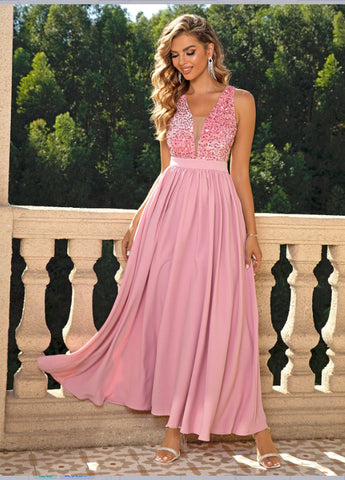 Sweet Pink Chiffon V Neck Sequin Dress