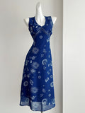 Zodiac Sun Patterns Navy Blue Chiffon Dress