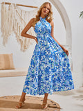 Blue Floral Mosaic Serenity Halter Dress