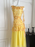 Floral Tiered Skirt One Shoulder Yellow Dress