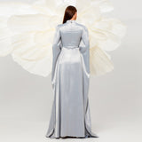 Long Sleeve Satin Cape Silver Chain Gray Prom Dress