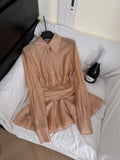 Ruffled Hem Waist Cinching Belt Sheer Silk Blouse