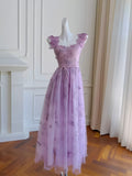 Purple Belt Tea Length Straps Butterfly Homecoming Dress