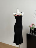 Rose Embellishments Stylish Black Midi Dress