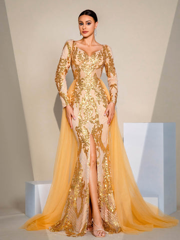 Long-Sleeve Gold Embroidery Mermaid Prom Dress With Slit