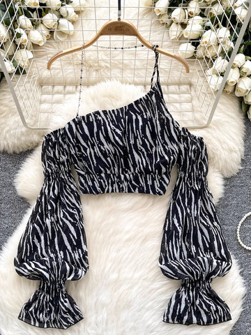 Puffy Bell Shaped Sleeves Asymmetric Zebra Crop Top