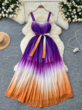 Statement Waist Tie Ombre Pleated Dress