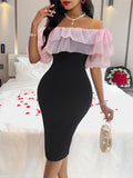 Pink Ruffled Sleeve Black Midi Dress