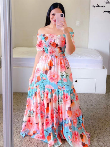 Rose Flower Short Sleeve Long Maxi Beach Dress
