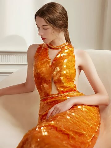 2024 Sequin Trumpet Mermaid Orange Halter Prom Dress US10 / Green 2024 Sequin Trumpet Mermaid Orange Halter Prom Dress US10 / Green