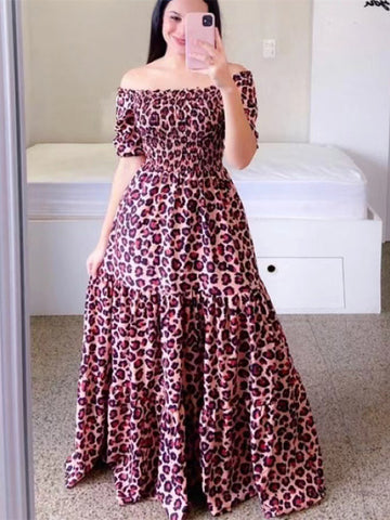 Leapord Print Short Sleeve Long Maxi Beach Dress