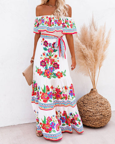 Floral Print Off Shoulder Mexican  Beach Maxi Dress