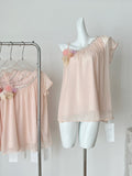 Flower & Sparkle Asymmetric Neck Satin Blouse