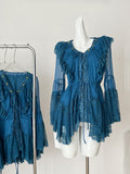 Sheer Sleeves Blue Mini Dress
