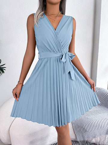 Blue Flowing Pleats Wrap Dress